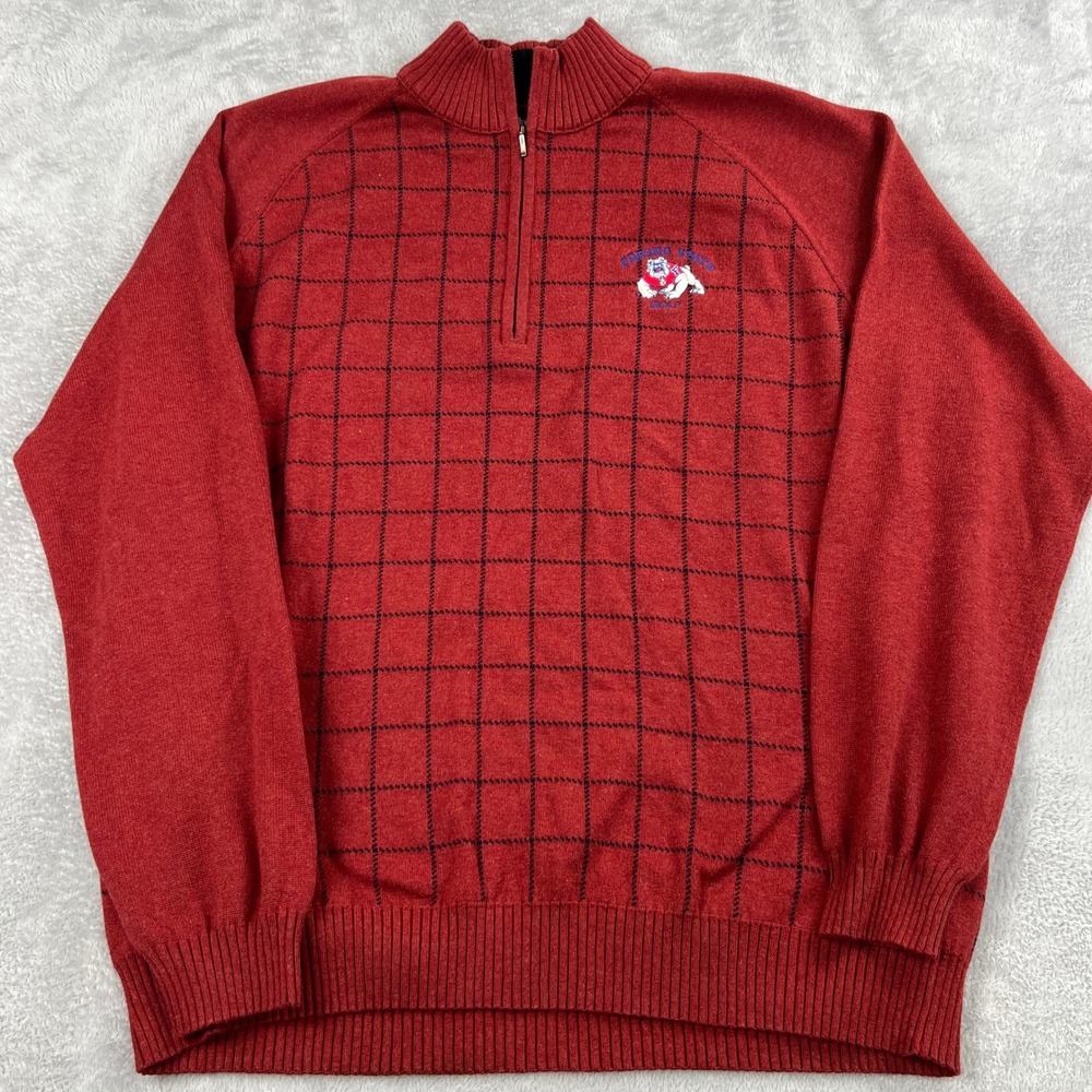 Ashworth Vintage Fresno State Bulldogs Golf Quarter Zip XL Red Pima Windowpane